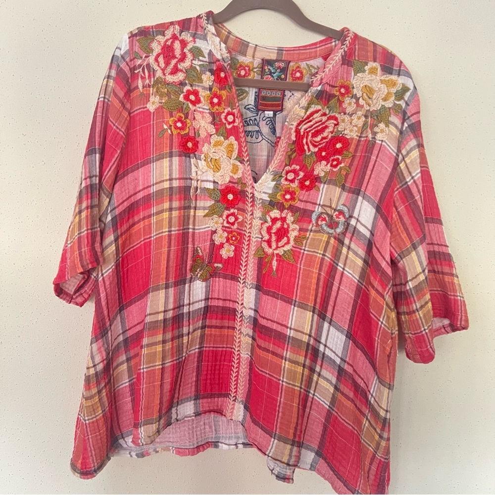 Johnny Was Embroidered Plaid Blouse Sz-Large